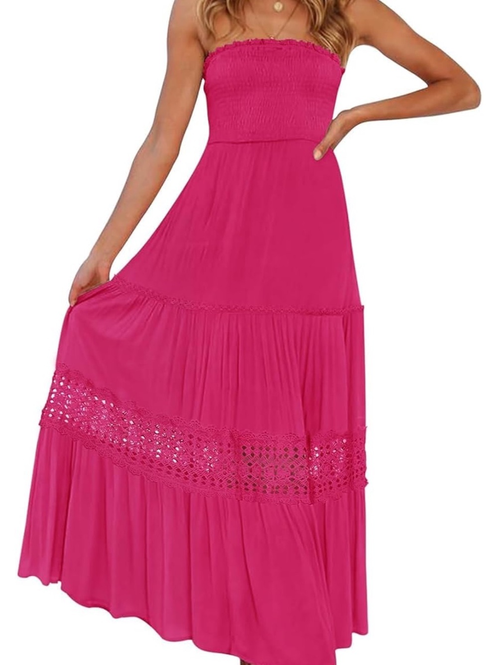 Smocked Strapless Maxi Dress in Hot Pink with Crochet Trim